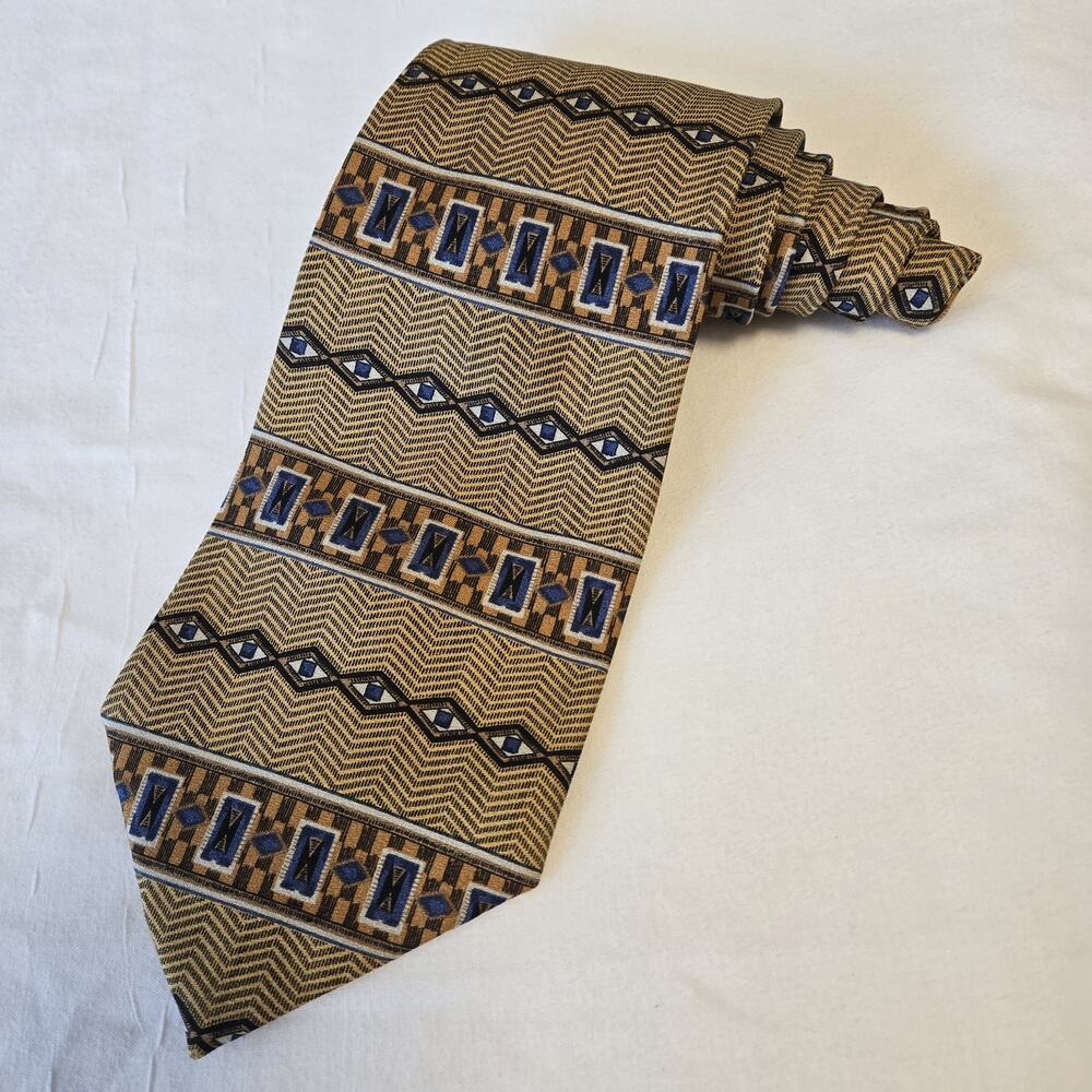 VTG Perry Ellis Portofino 100% Silk Men's Gold Brown/Black with Geometric Career